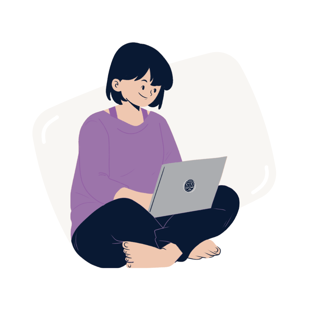 Illustration d'une jeune femme assis en tailleur avec un ordinateur portable sur les genoux
