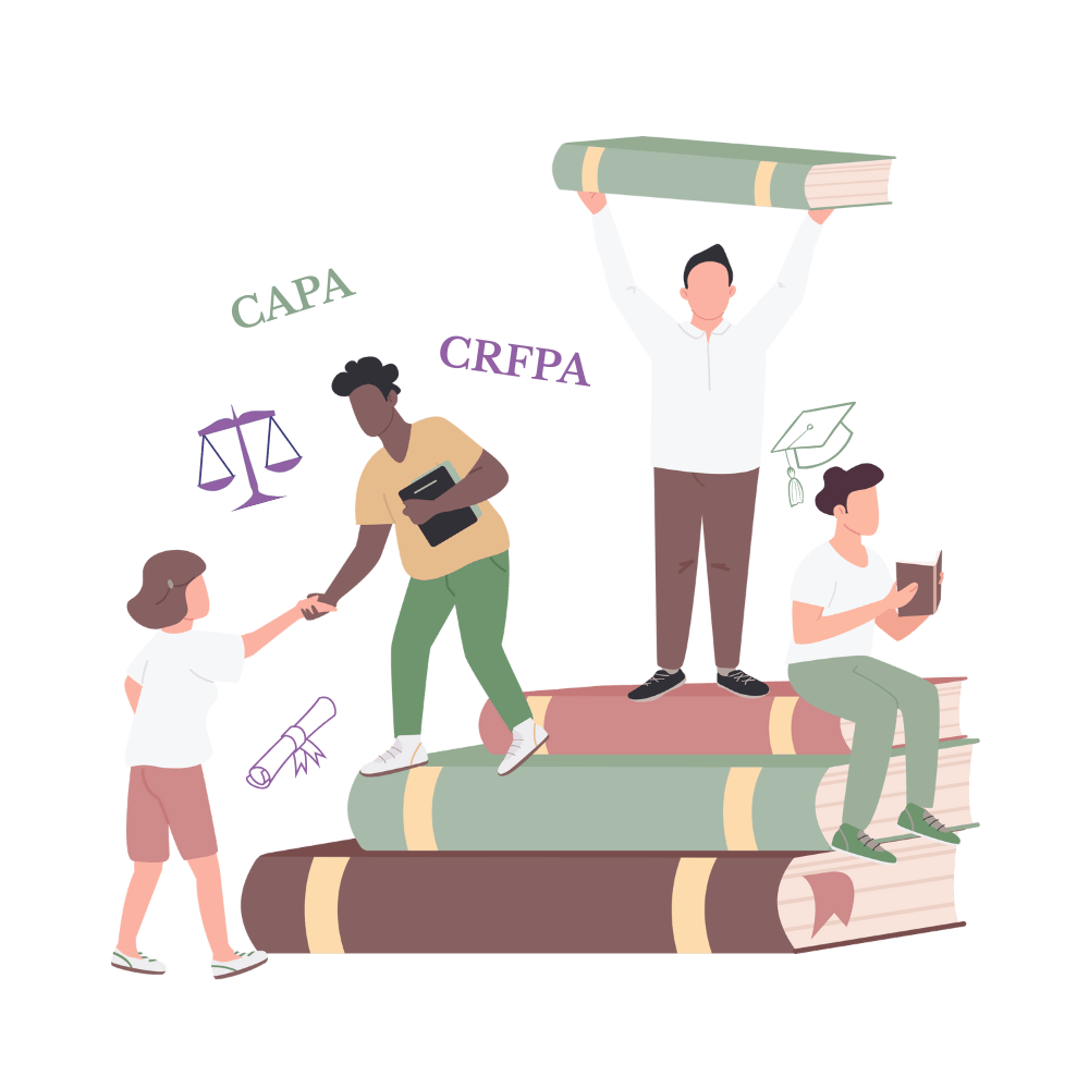 Illustration de plusieurs élèves et futurs avocats tenant des livres et des codes, avec des illustrations de la balance de la justice, de diplôme, ... pour réviser le CRFPA CAPA